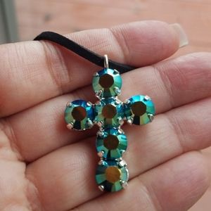 Swarovski Elements Iridescent Green Symbolic Cross Necklace on Black Suede NWT